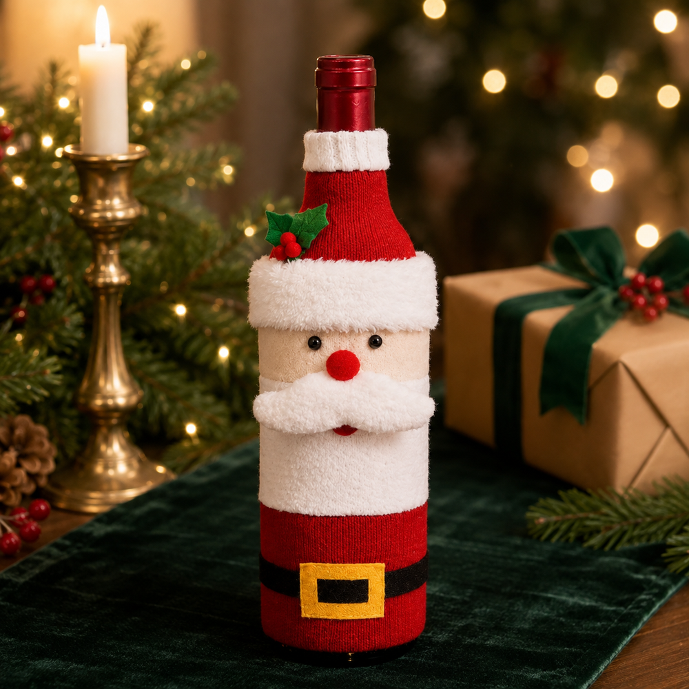 Santa Christmas bottle cover on a festive holiday table