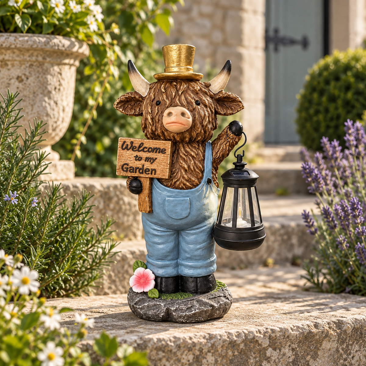 Highland cow solar statue glowing beside a garden path at night