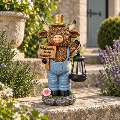Highland Cow Solar Garden Statue with Welcome Sign