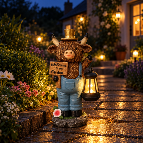 Highland Cow Solar Garden Statue with Welcome Sign