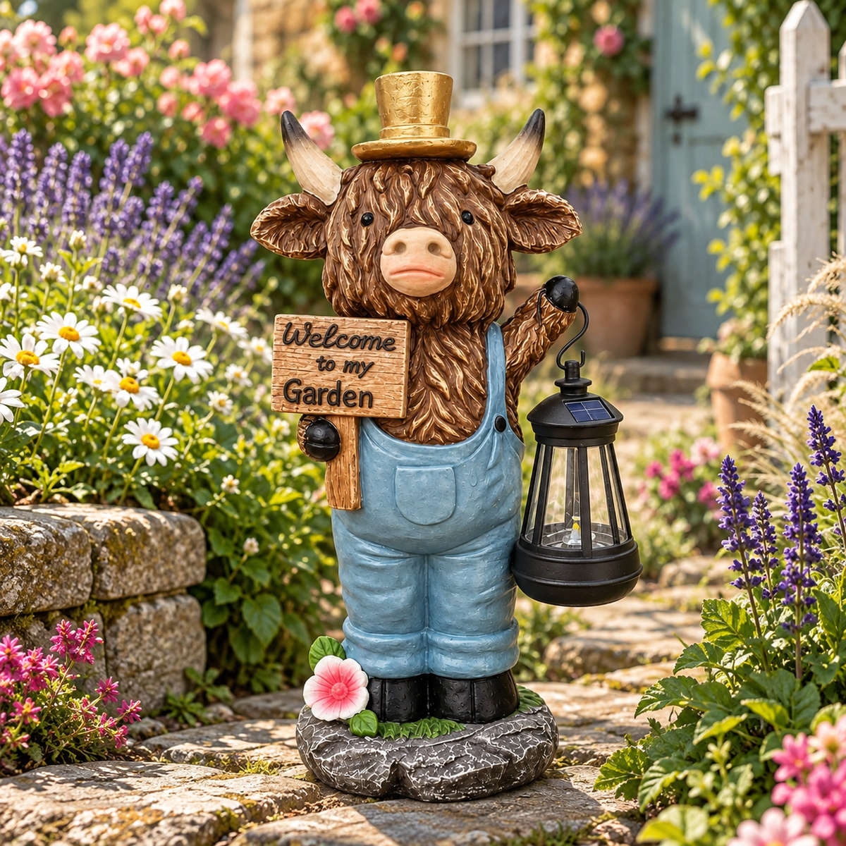 Highland Cow Solar Garden Statue with Welcome Sign