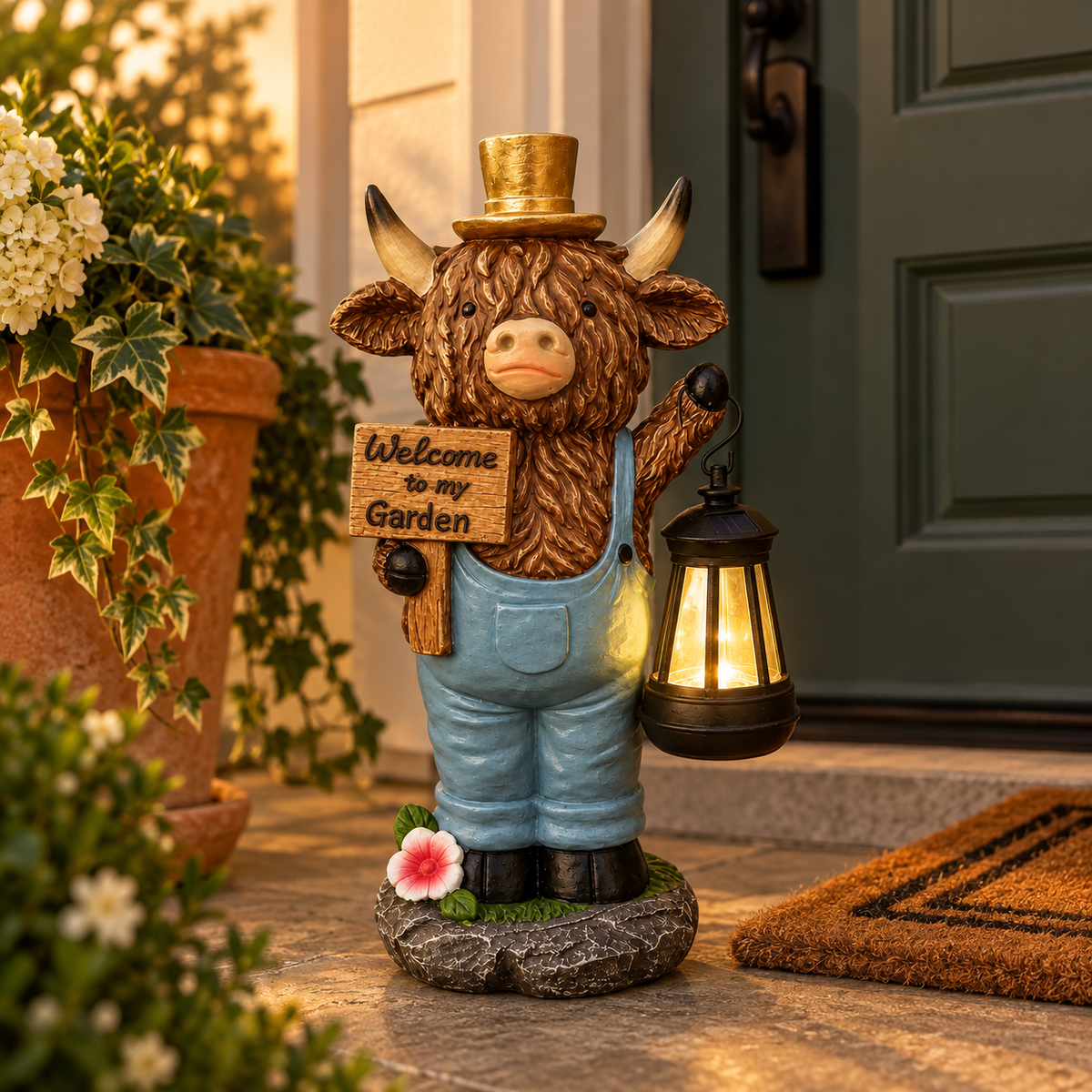 Highland Cow Solar Garden Statue with Welcome Sign
