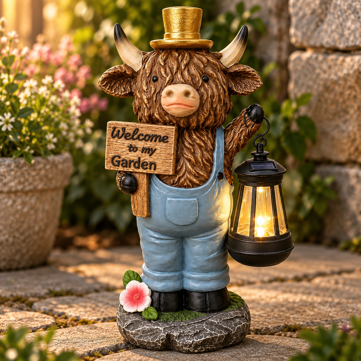 Highland Cow Solar Garden Statue with Welcome Sign