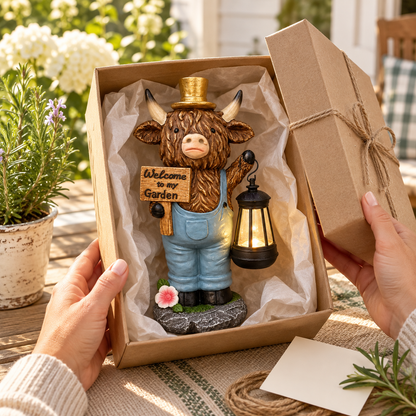 Highland Cow Solar Garden Statue with Welcome Sign