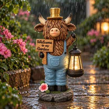 Highland Cow Solar Garden Statue with Welcome Sign