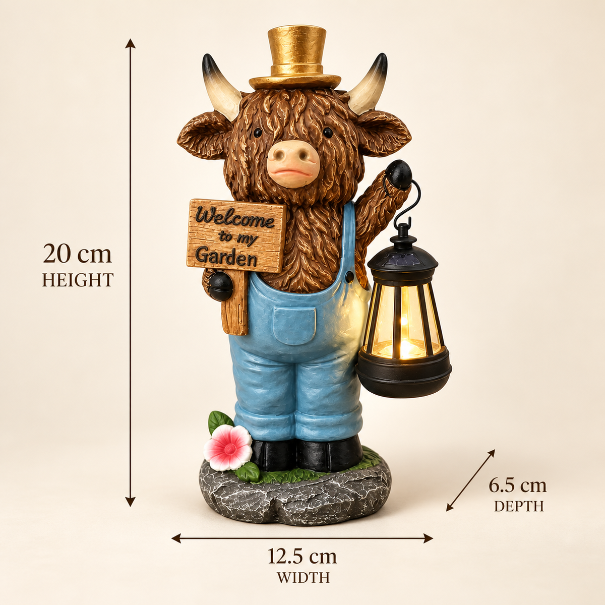 Highland Cow Solar Garden Statue with Welcome Sign
