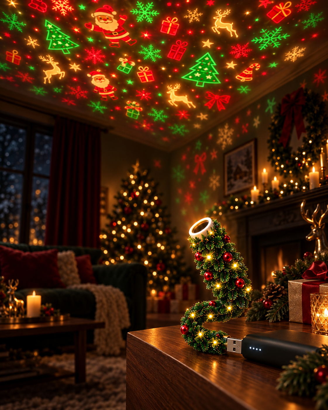 Tree-shaped USB projector presented in an unbranded gift box