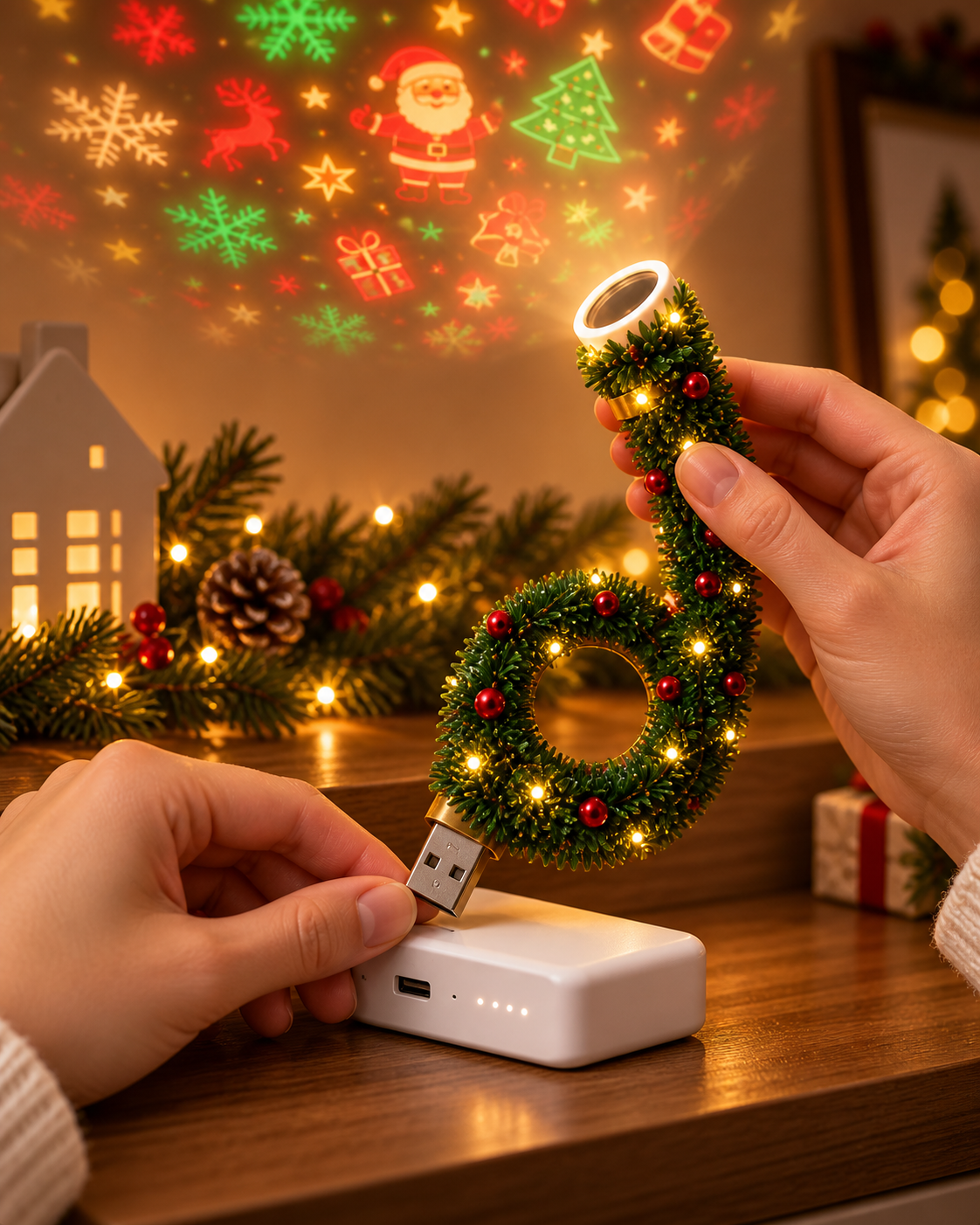 Hands plugging the projector into USB power and adjusting it