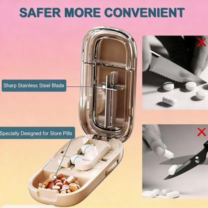 Pill cutter and storage compartment with vitamins inside