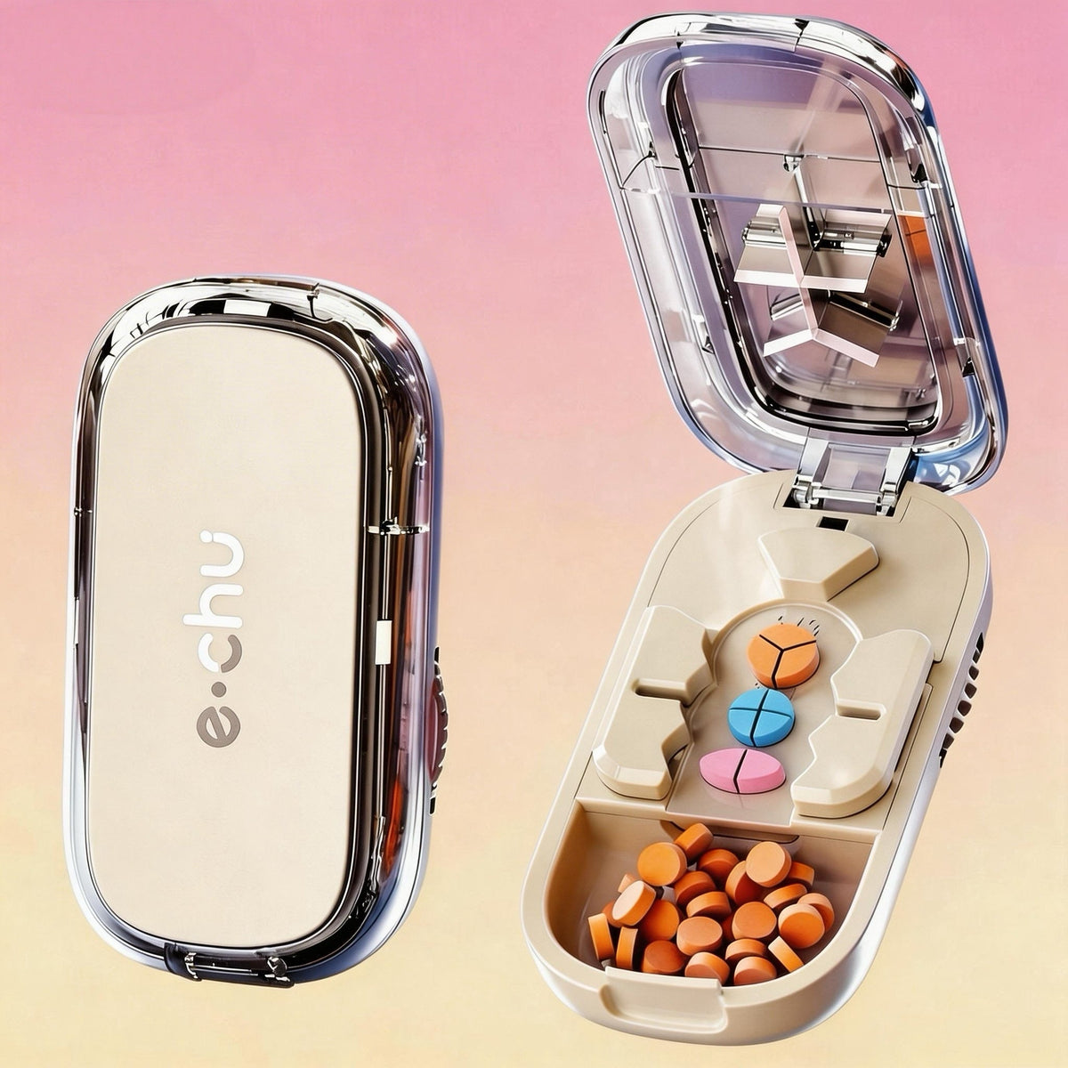 Pill cutter cutting tablet into quarters close-up