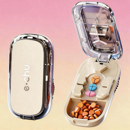 Pill cutter cutting tablet into quarters close-up