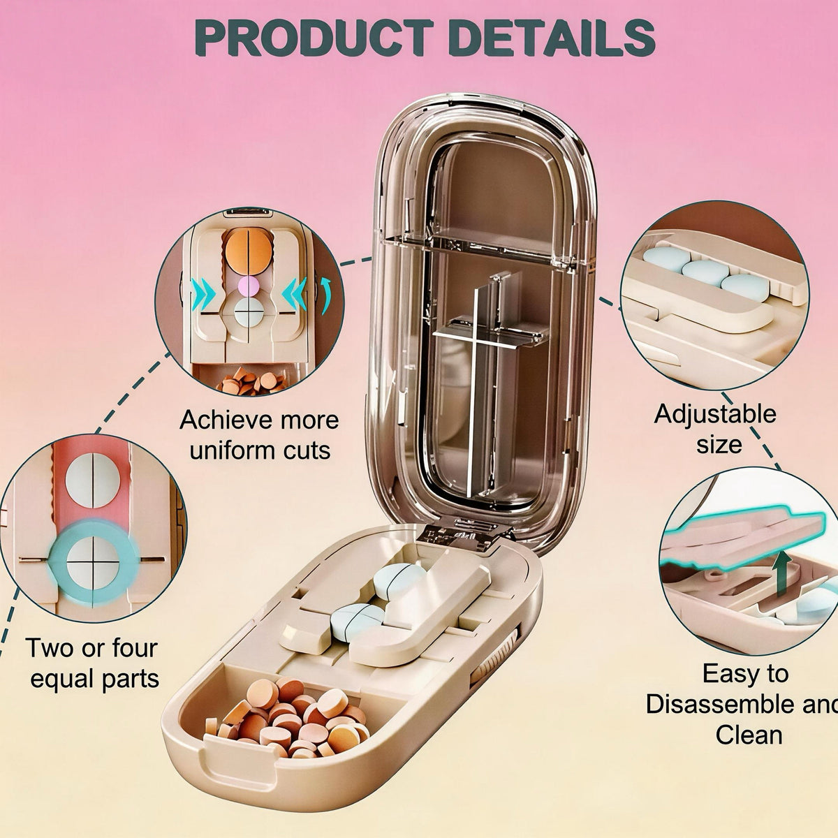 Pill cutter size comparison showing compact dimensions