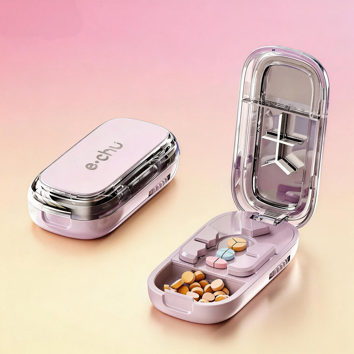 Pill cutter splitting tablet into two equal halves
