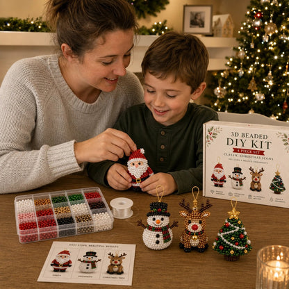 Mother and son crafting Christmas beaded ornaments together