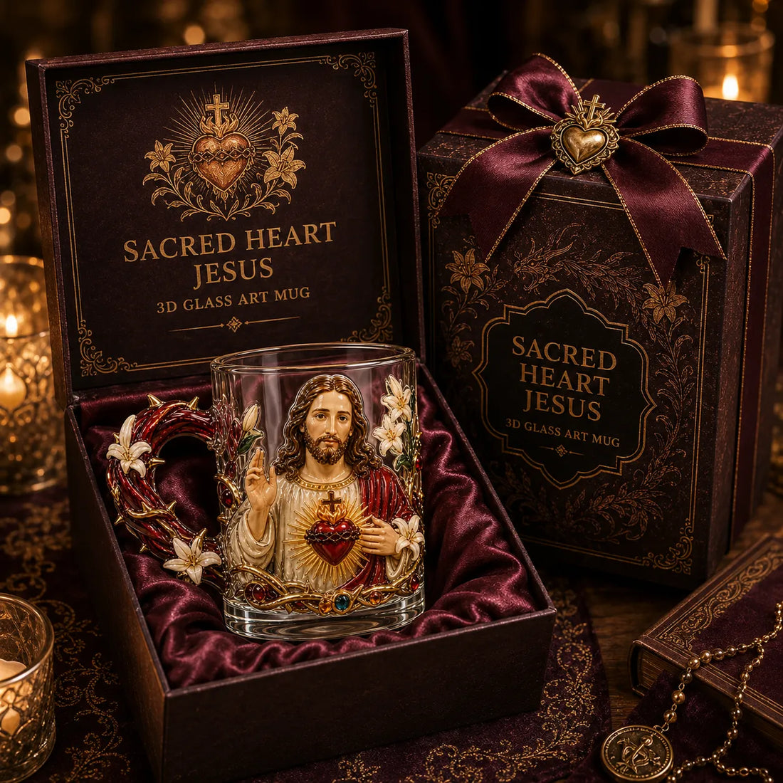 Virgin Mary devotional glass mug held in a relaxed home setting