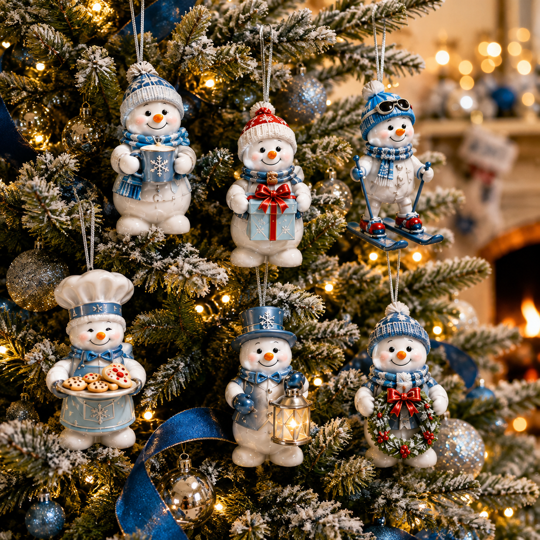 Snowman ornaments holding a mug, gift, skis, cookies, lantern and wreath