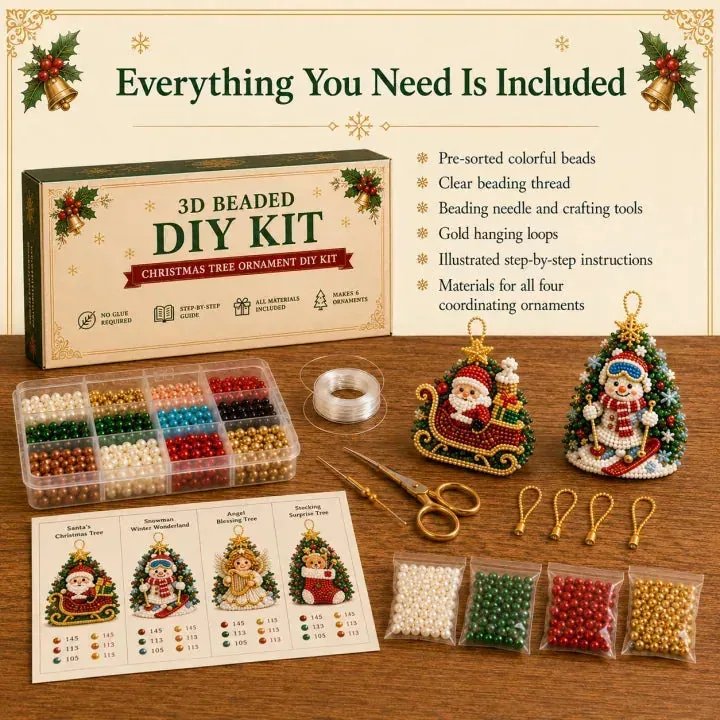 Everything included in the DIY Christmas beaded ornament kit