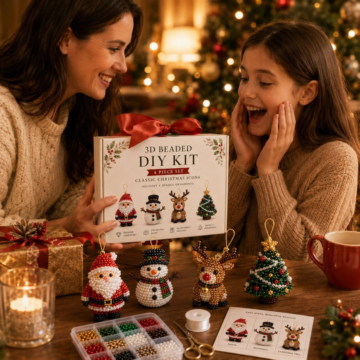 Mother and daughter opening Christmas beaded ornament gift box