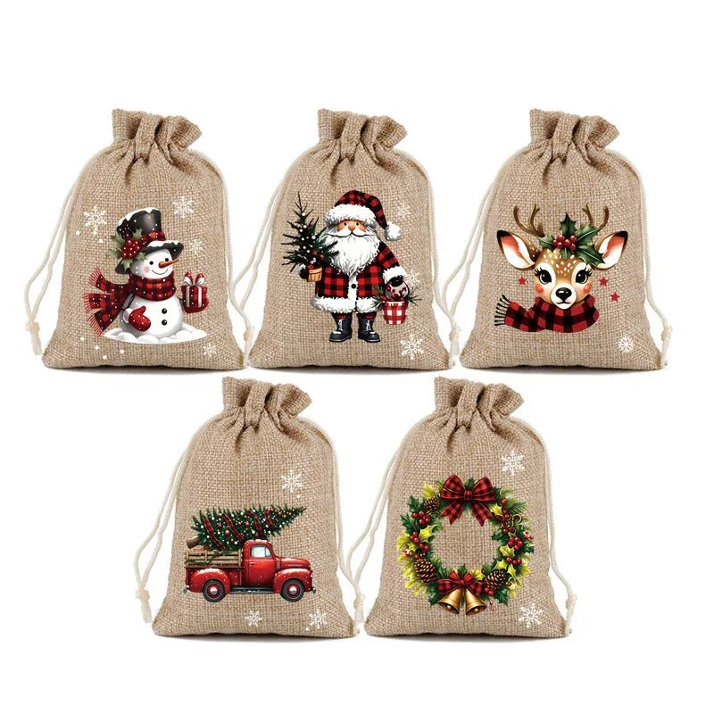 🔥60% OFF 🎄 Christmas Drawstring Gift Bags – Rustic Burlap X‑mas Sack Pouches, Santa Snowman Reindeer Print, Reusable Holiday Candy Treat Bags for Gift Wrapping & Party Favors