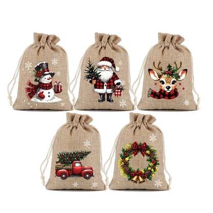 🔥60% OFF 🎄 Christmas Drawstring Gift Bags – Rustic Burlap X‑mas Sack Pouches, Santa Snowman Reindeer Print, Reusable Holiday Candy Treat Bags for Gift Wrapping & Party Favors