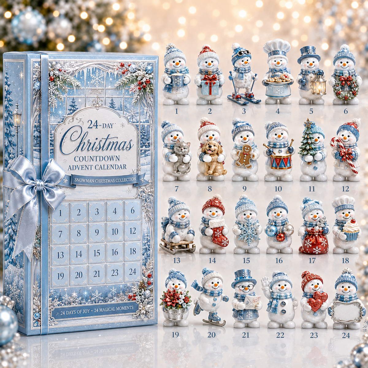Complete numbered collection of 24 different snowman characters