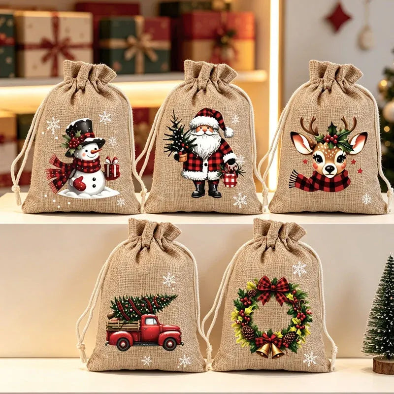 🔥60% OFF 🎄 Christmas Drawstring Gift Bags – Rustic Burlap X‑mas Sack Pouches, Santa Snowman Reindeer Print, Reusable Holiday Candy Treat Bags for Gift Wrapping & Party Favors