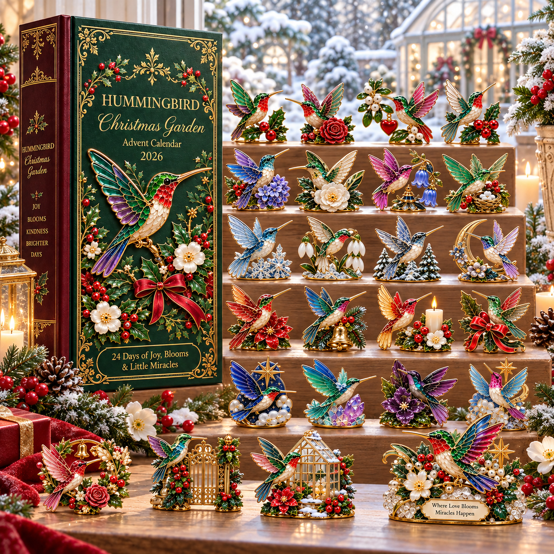 Hummingbird figures displayed beside the calendar in a winter garden setting