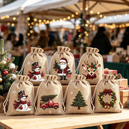 🔥60% OFF 🎄 Christmas Drawstring Gift Bags – Rustic Burlap X‑mas Sack Pouches, Santa Snowman Reindeer Print, Reusable Holiday Candy Treat Bags for Gift Wrapping & Party Favors