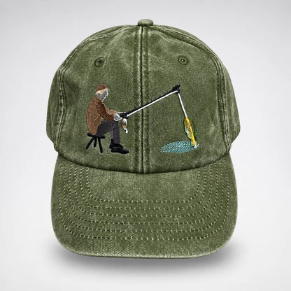 🎣🧢 Catch of the Day Interactive Fishing Cap –🎁 Vintage Washed Moving Fish Hat