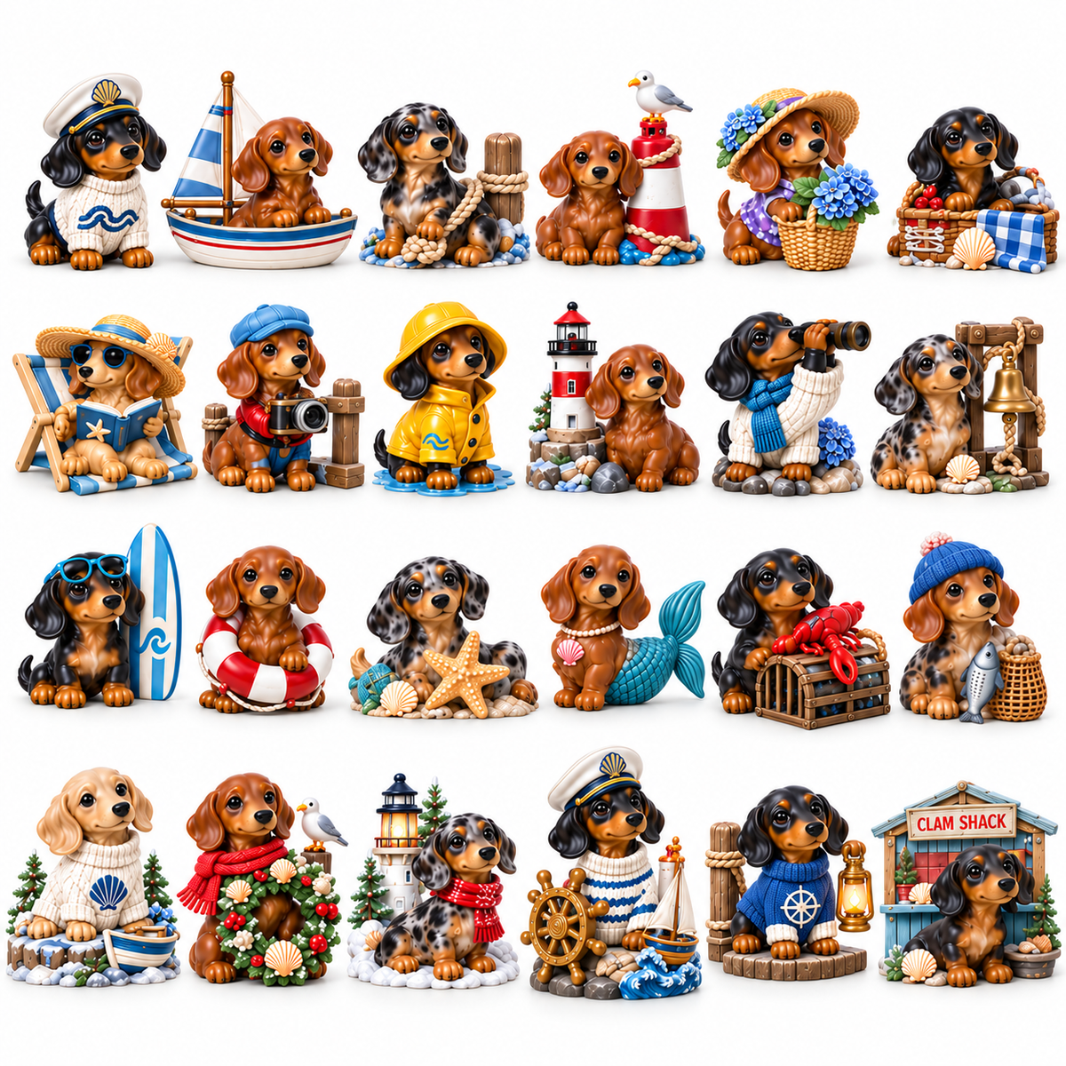 Complete collection of 24 coastal Christmas dachshund designs