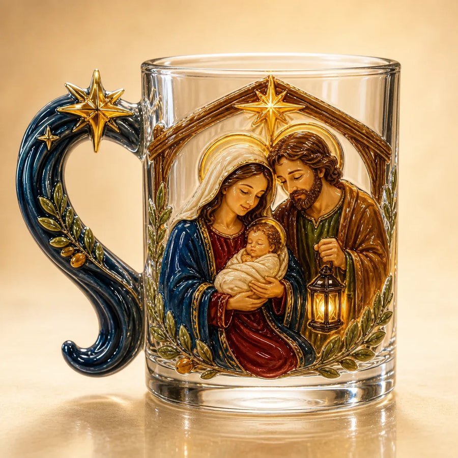 Holy Family of Nazareth devotional glass mug style