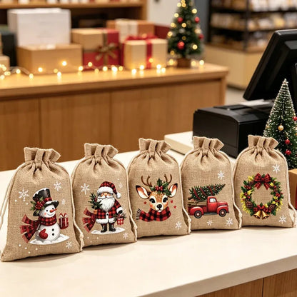 🔥60% OFF 🎄 Christmas Drawstring Gift Bags – Rustic Burlap X‑mas Sack Pouches, Santa Snowman Reindeer Print, Reusable Holiday Candy Treat Bags for Gift Wrapping & Party Favors