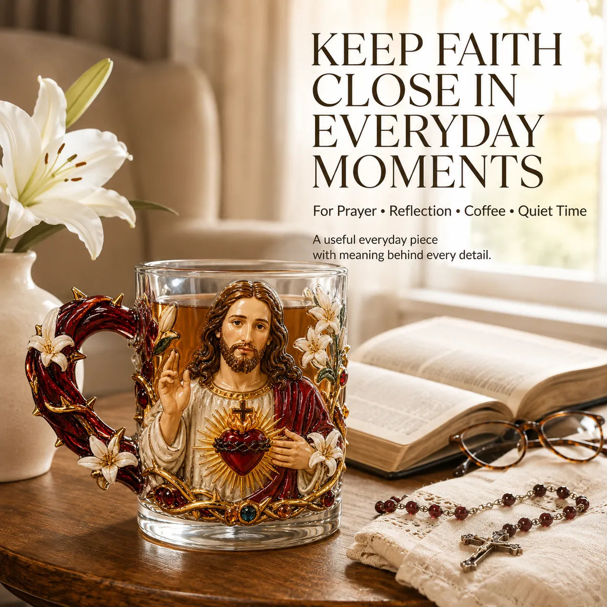 3D Christian devotional glass mug ready for an everyday moment of faith