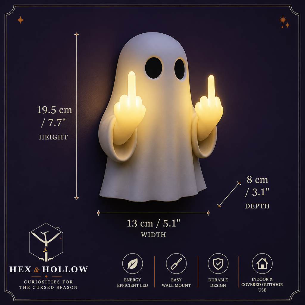 Halloween ghost wall light glowing beside a dark front door