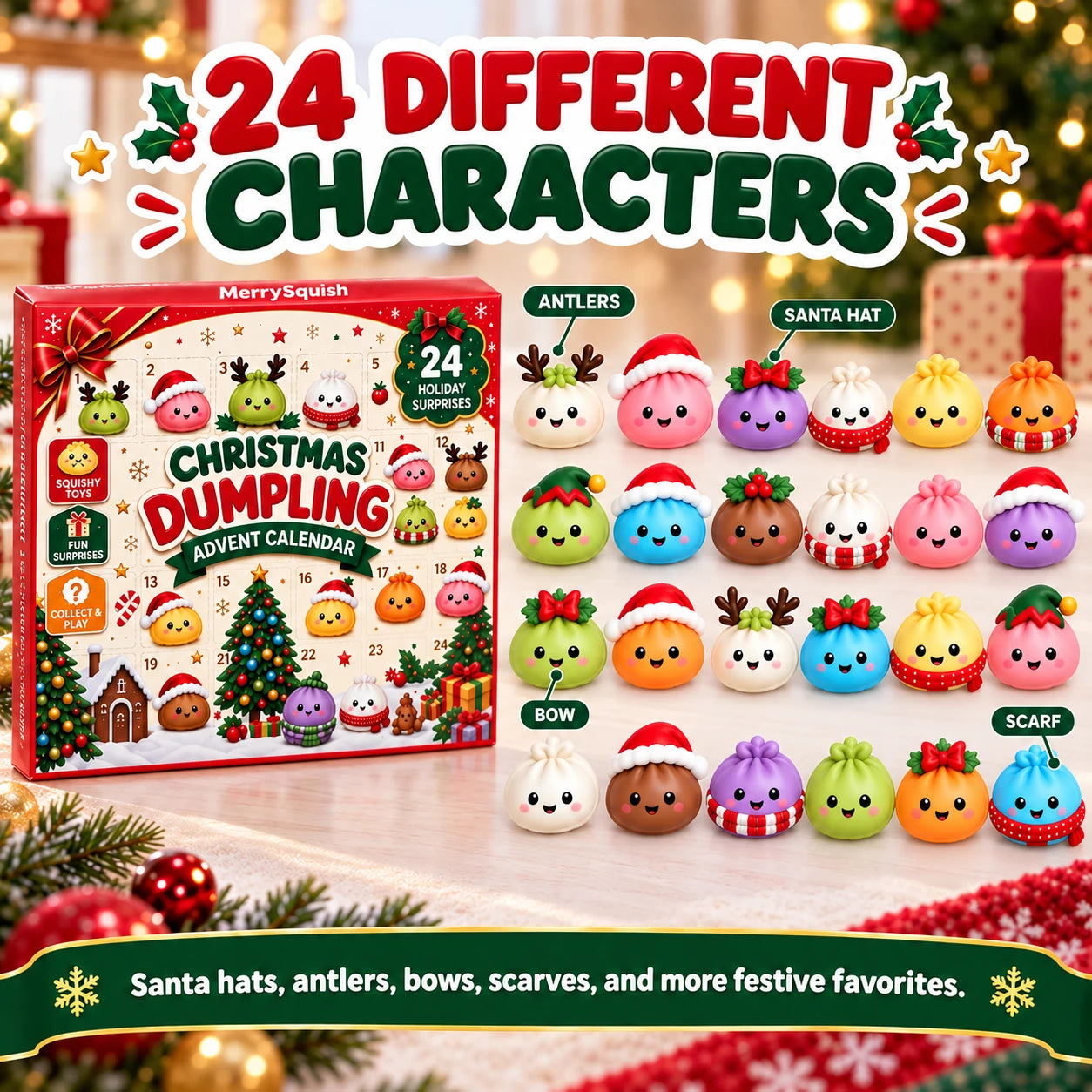 Holiday dumpling characters wearing Santa hats, antlers, bows and scarves