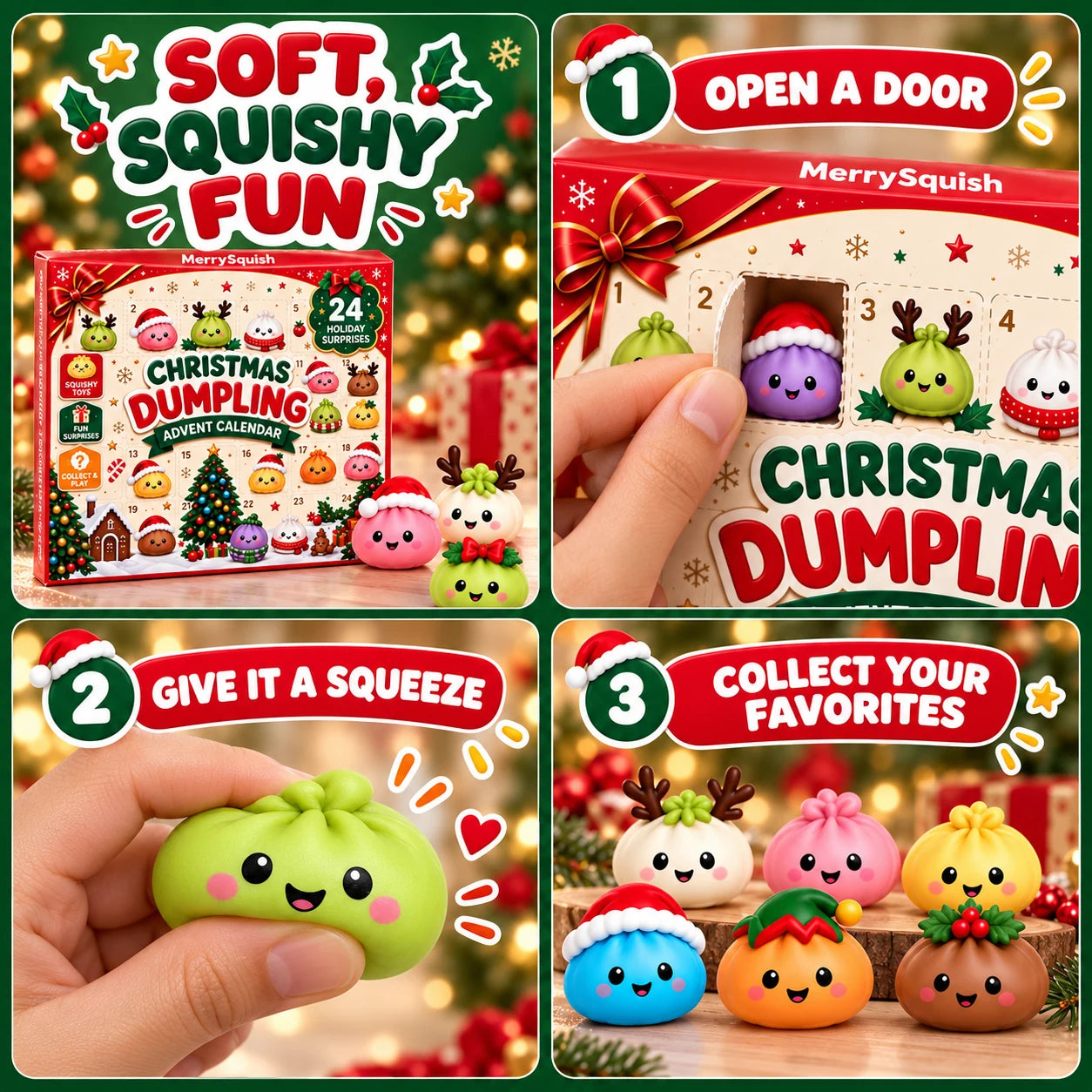 Hand squeezing a soft green Christmas dumpling character