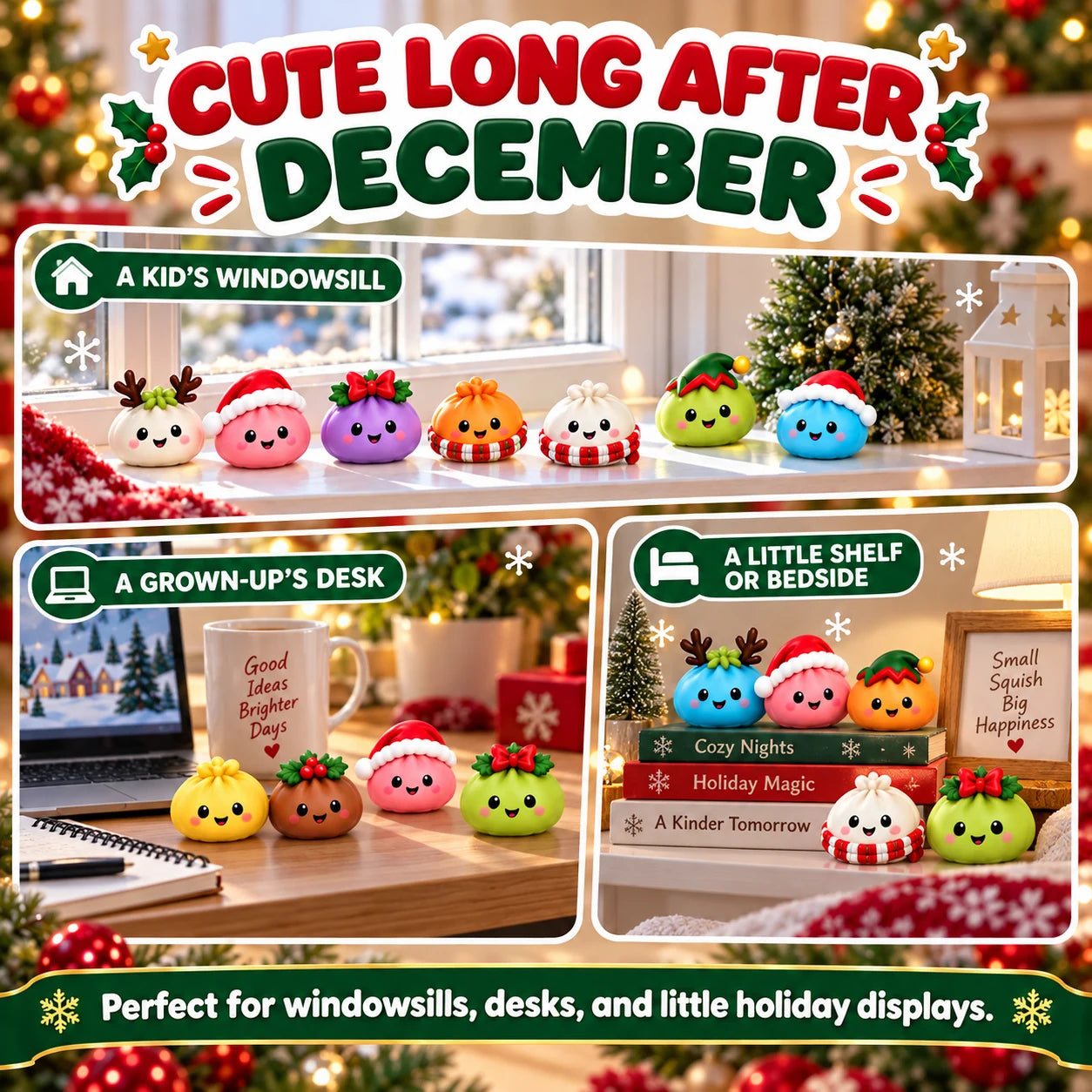 Christmas dumpling squishies displayed on a windowsill, desk and bedside shelf