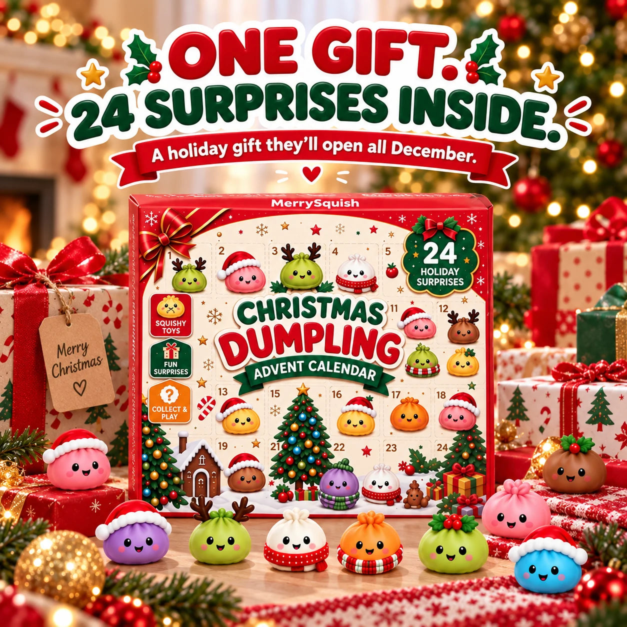 Gift-ready Christmas Dumpling Advent Calendar surrounded by colorful squishy characters