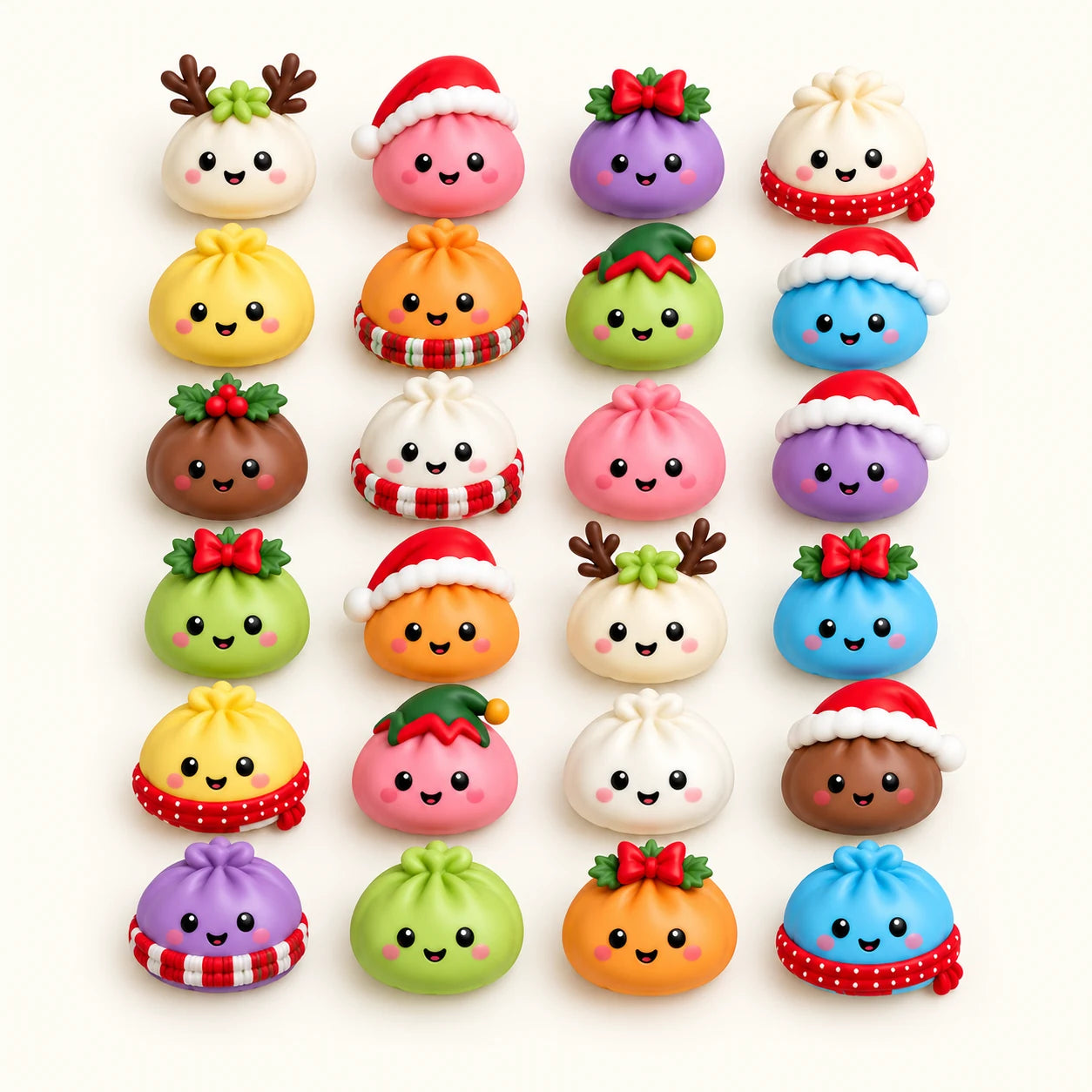 Twenty-four colorful Christmas dumpling squishies arranged as a complete collection