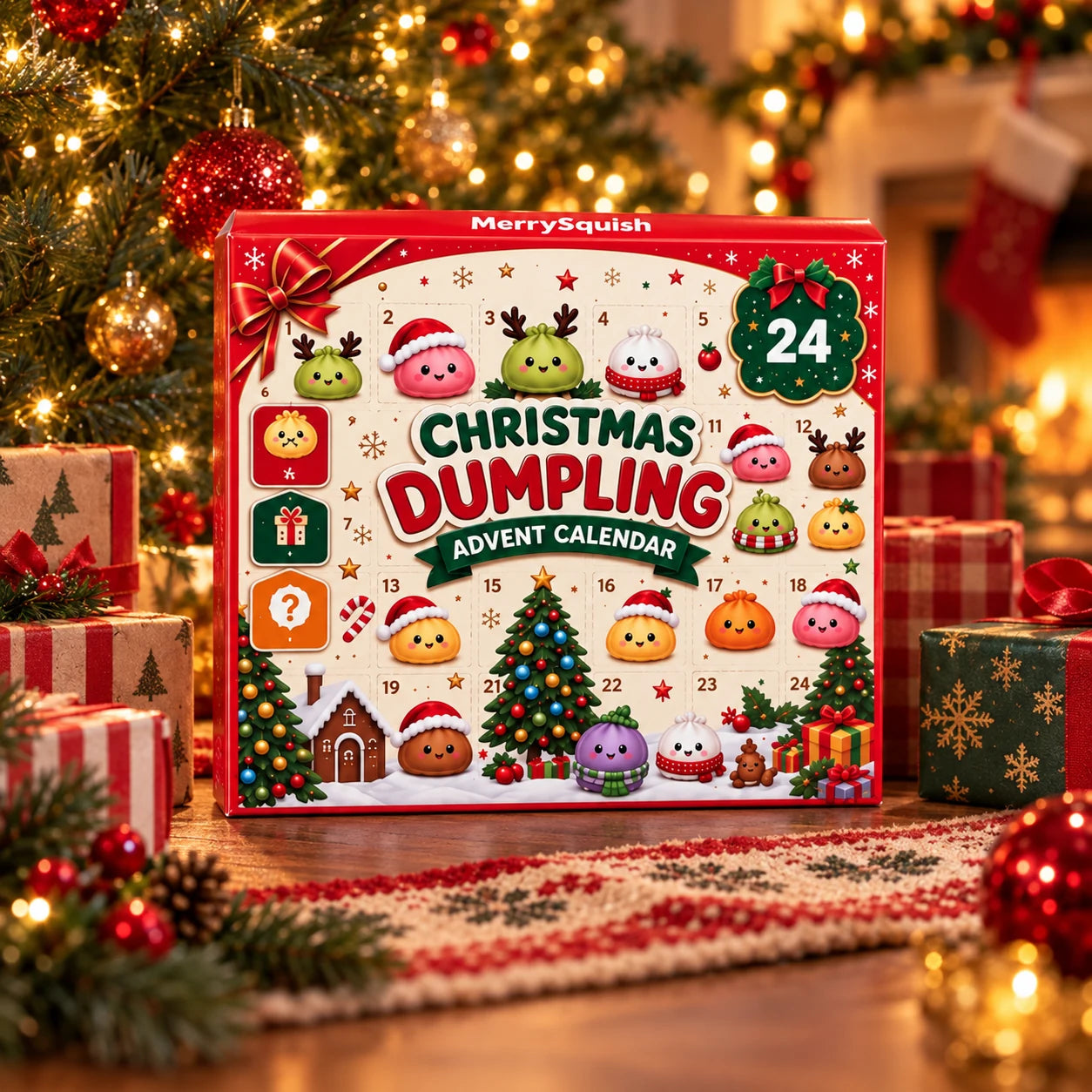 Dumpling Advent Calendar ready to give beside a Christmas tree