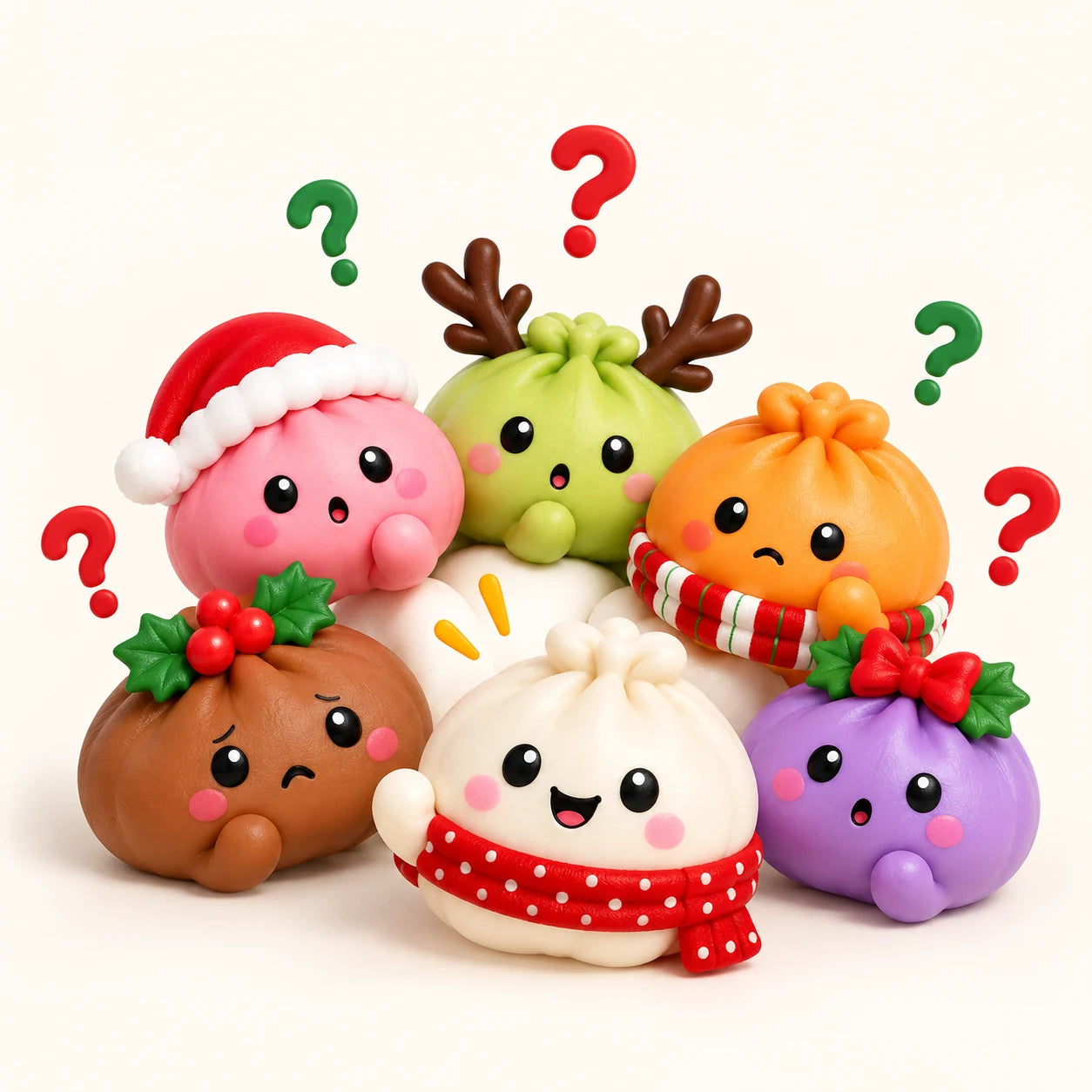 Six soft Christmas dumpling squishies in different colors