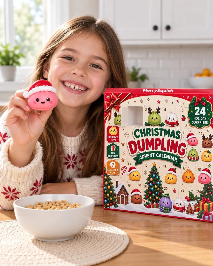 Child holding a pink Santa-hat dumpling squishy beside the Advent Calendar