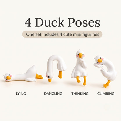 An infographic slide showcasing the complete set of 4 By1994 white resin mini duck figurines in different poses labeled Lying, Dangling, Thinking, and Climbing, with text overlay reading 4 Duck Poses. One set includes 4 cute mini figurines.