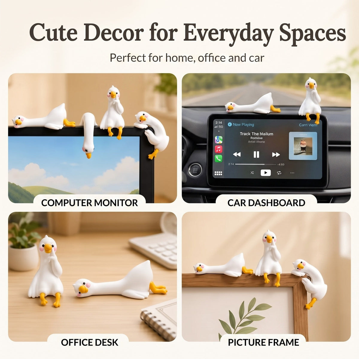 A 4-panel scenario infographic displaying versatile placement options for the mini duck figures across Computer Monitor, Car Dashboard, Office Desk, and Picture Frame, with text overlay Cute Decor for Everyday Spaces.