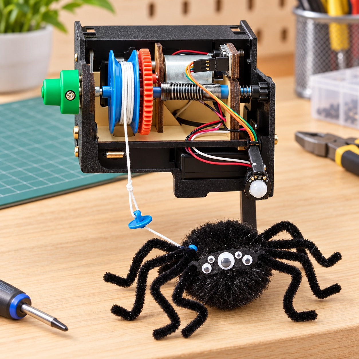 Close view of the motor, spring, gears and spool inside the spider controller