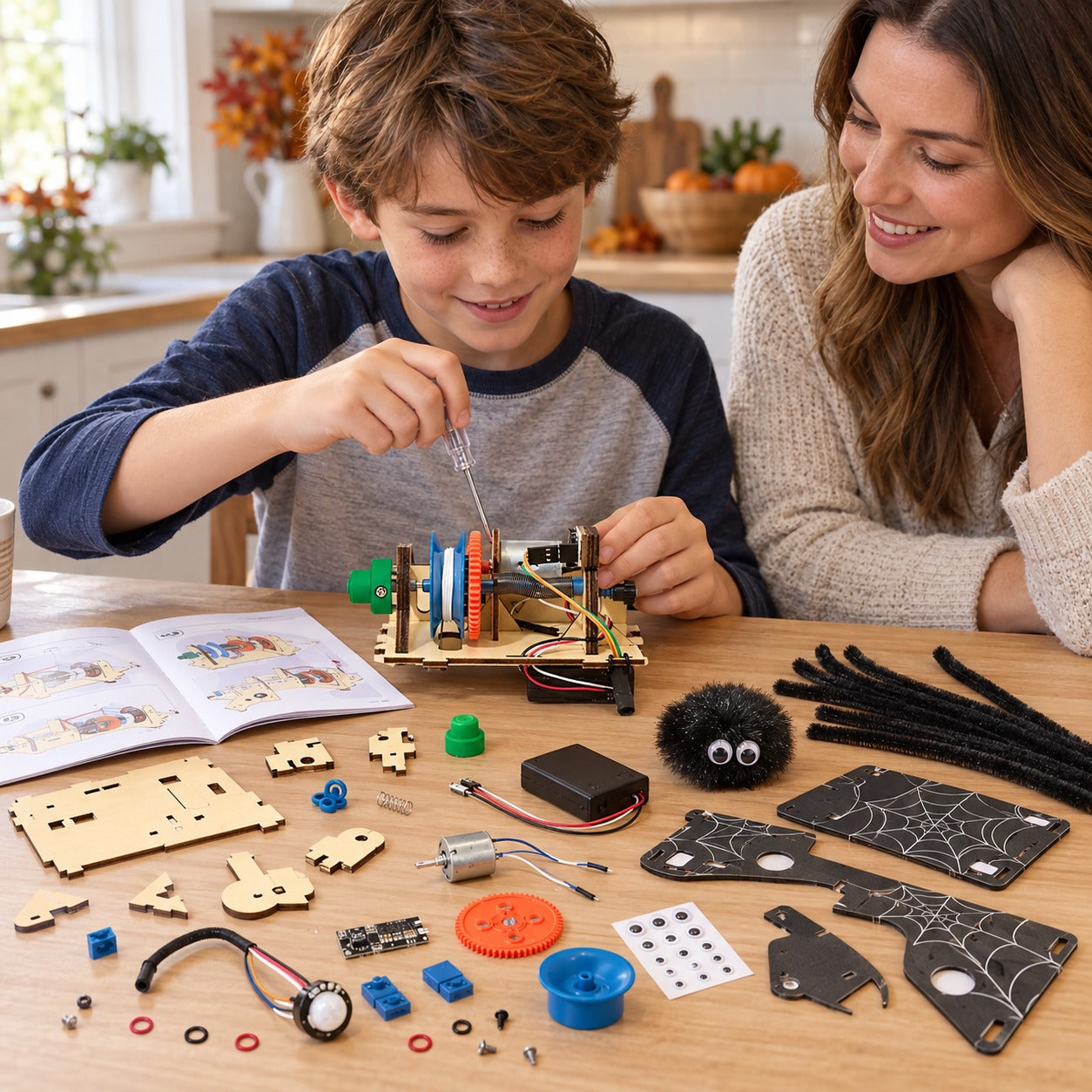 Child assembling the motion-sensing spider mechanism with a parent