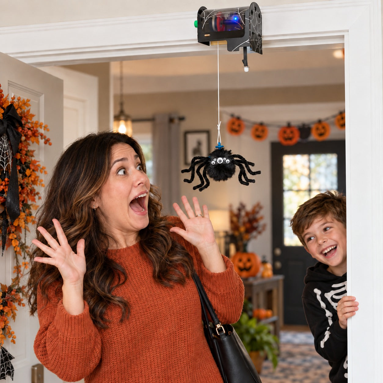 Finished spider prank surprising an adult while a child laughs