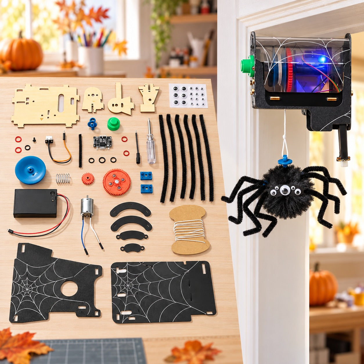 Motion-sensing spider kit components beside the finished doorway prank