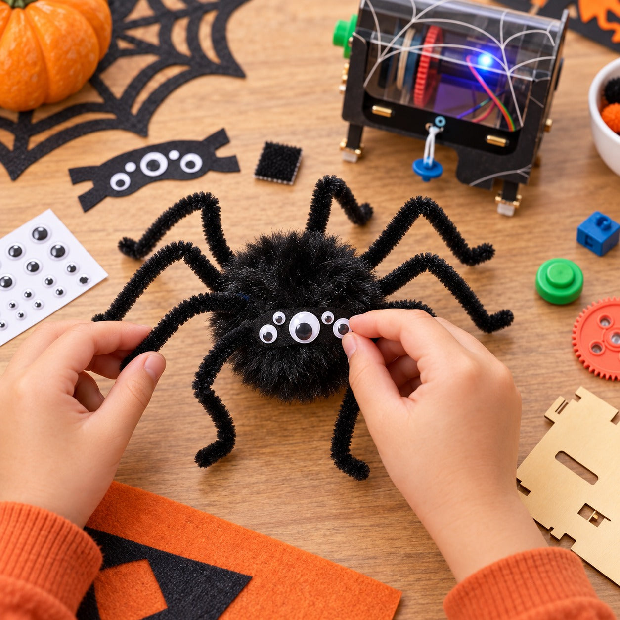 Customizing the fuzzy black spider with legs and googly eyes