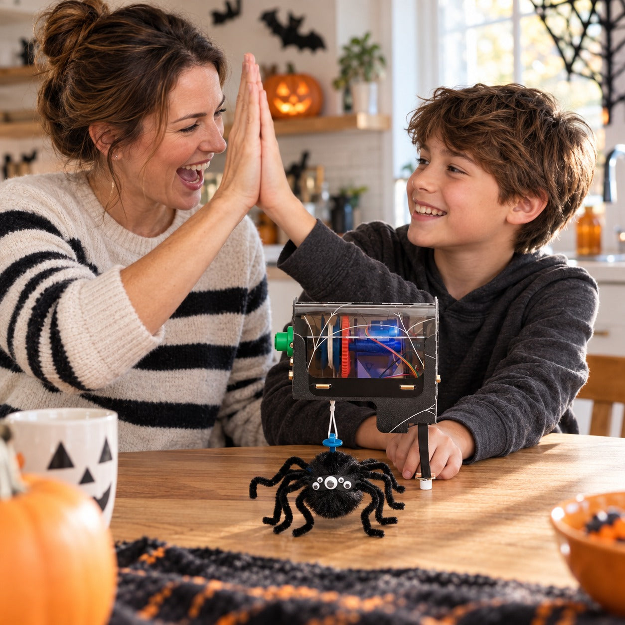 Parent and child celebrating after building the motion-sensing spider